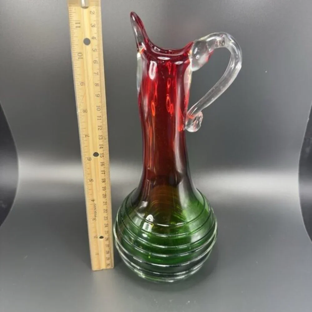 Heavy Hand Blown Glass Pitcher Vase Carafe Multicolor Applied Swirl Glass‎ Decor